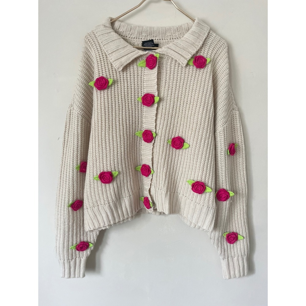 Sweet Society Cream Ribbed Knit Cardigan Pink 3D Rose Floral Cottagecore Boho XL